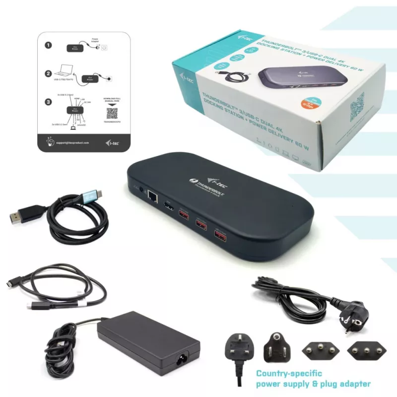i-tec Thunderbolt 3/USB-C Dual 4K Docking Station + Kabel USB-C na DisplayPort (1,5 m) + Power Delivery 60 W