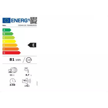 Zmywarka BEKO DIS46120 w pełni zabudowana slimline 45 cm, 11 kompletów, biała, 46 dB, klasa energetyczna E