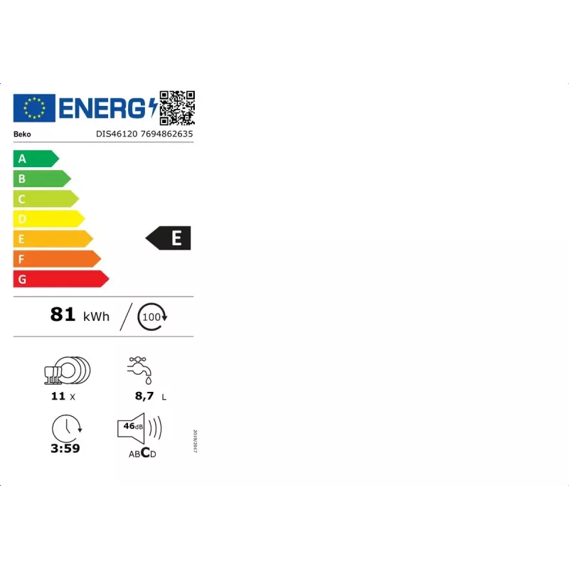 Zmywarka BEKO DIS46120 w pełni zabudowana slimline 45 cm, 11 kompletów, biała, 46 dB, klasa energetyczna E