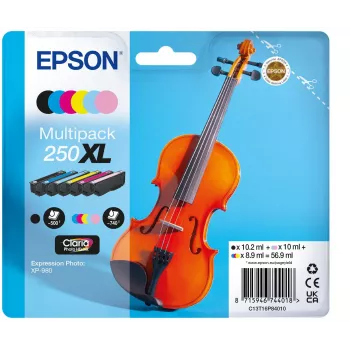 Epson 250XL Violin Claria Photo HD wkład atramentowy 6 szt. Oryginalny Wysokowydajny (XL) Czarny, Cyjan, Jasny Cyjan, Jasna magenta, magenta, Żółty