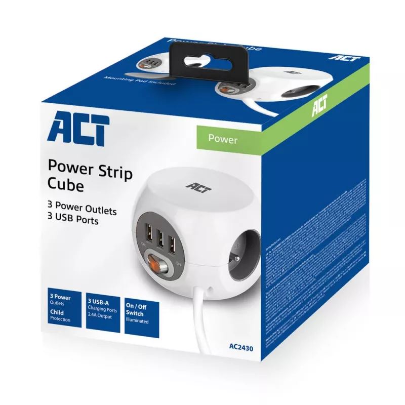 Listwa zasilająca ACT AC2430 — 3× gniazda AC typu F, 230 V, 16 A, kabel 1,5 m, biała