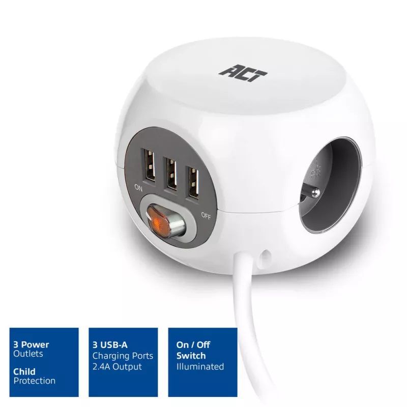 Listwa zasilająca ACT AC2430 — 3× gniazda AC typu F, 230 V, 16 A, kabel 1,5 m, biała