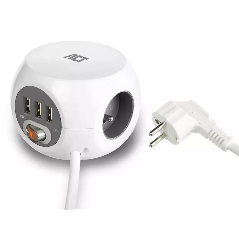 Listwa zasilająca ACT AC2430 — 3× gniazda AC typu F, 230 V, 16 A, kabel 1,5 m, biała