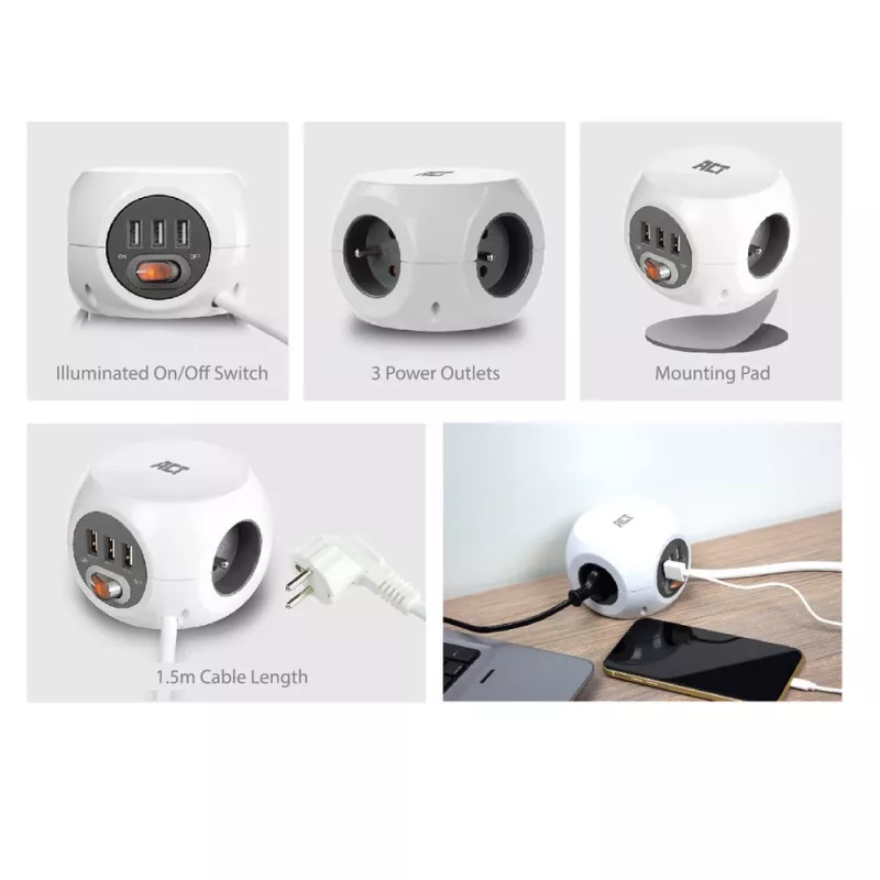 Listwa zasilająca ACT AC2430 — 3× gniazda AC typu F, 230 V, 16 A, kabel 1,5 m, biała