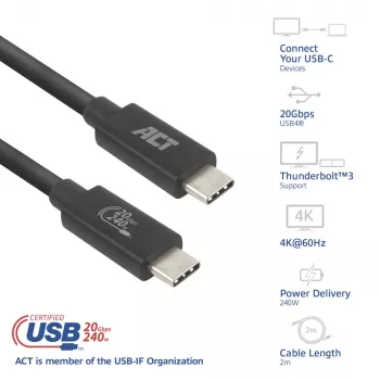 ACT USB4 20Gbps 240W USB Type-C kabel 2m Czarny z certyfikatem USB-IF