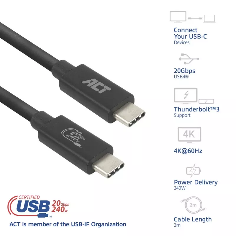 ACT USB4 20Gbps 240W USB Type-C kabel 2m Czarny z certyfikatem USB-IF