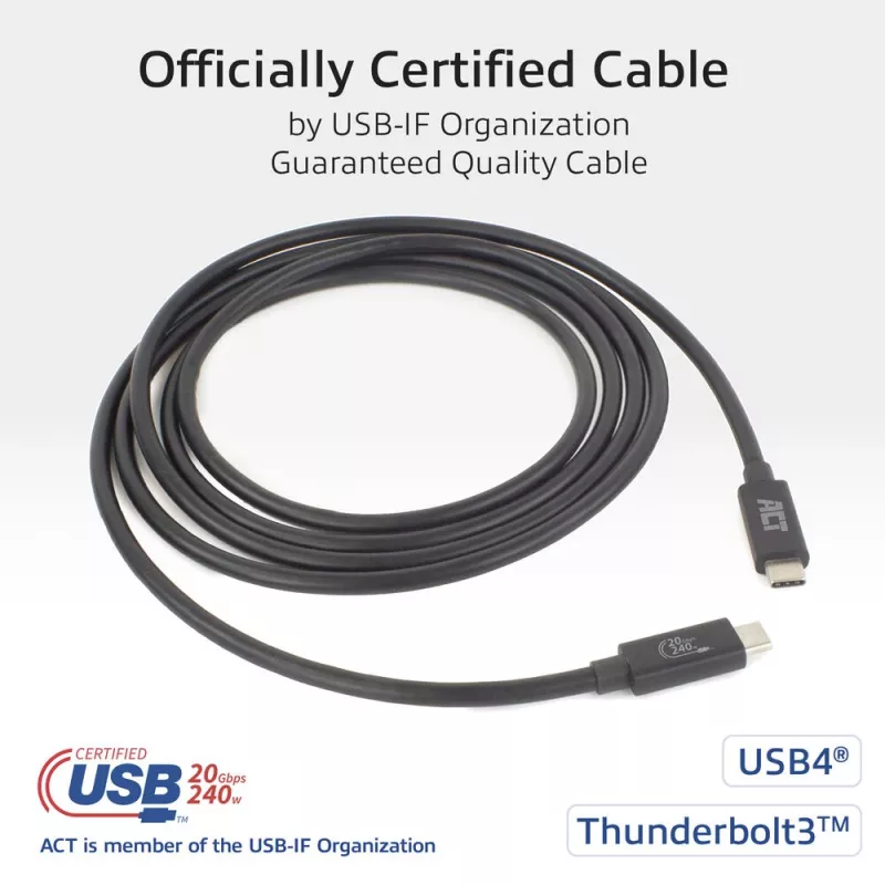 ACT USB4 20Gbps 240W USB Type-C kabel 2m Czarny z certyfikatem USB-IF