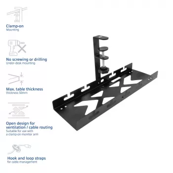 Under-desk kabel management tray ACT, clamp mount, 40 cm, steel, 5 kg capacity
