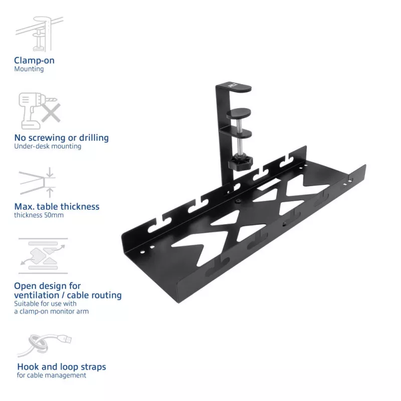 Under-desk kabel management tray ACT, clamp mount, 40 cm, steel, 5 kg capacity