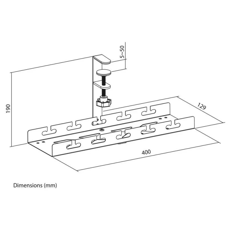 Under-desk kabel management tray ACT, clamp mount, 40 cm, steel, 5 kg capacity