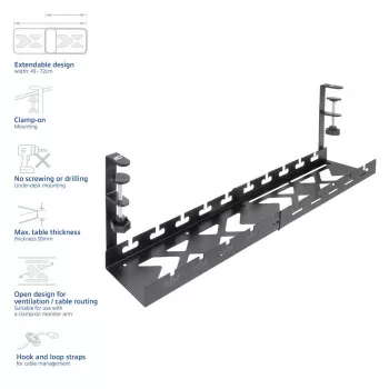 Under-desk extendable kabel management tray ACT 43–72 cm clamp mount, steel, 728×130×190 mm, 5 kg