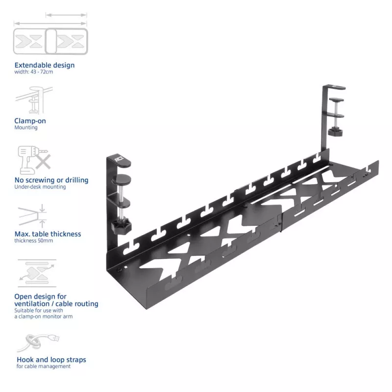 Under-desk extendable kabel management tray ACT 43–72 cm clamp mount, steel, 728×130×190 mm, 5 kg
