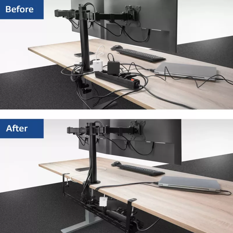 Under-desk extendable kabel management tray ACT 43–72 cm clamp mount, steel, 728×130×190 mm, 5 kg