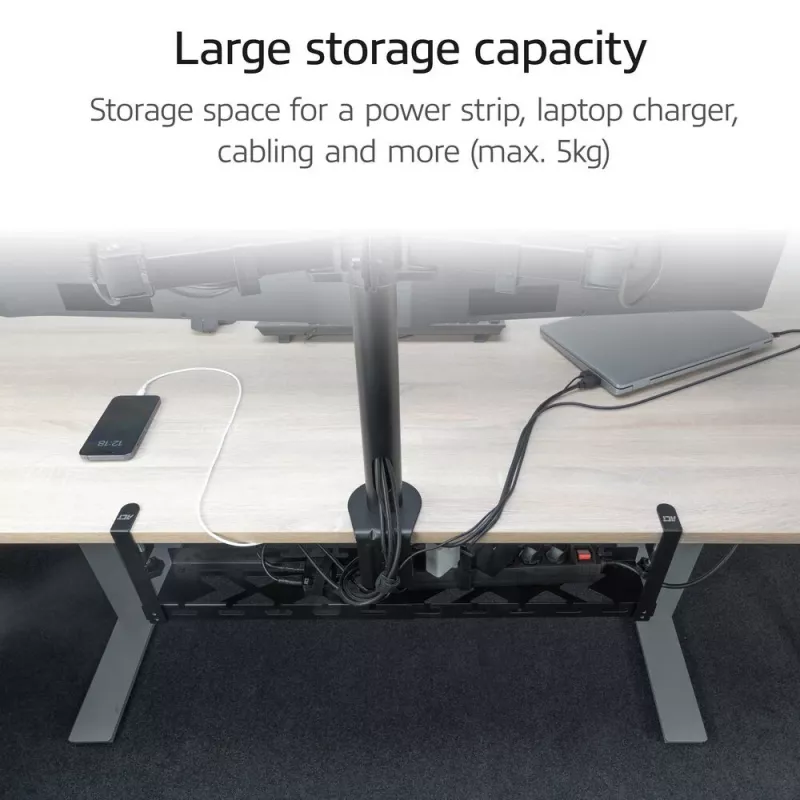 Under-desk extendable kabel management tray ACT 43–72 cm clamp mount, steel, 728×130×190 mm, 5 kg