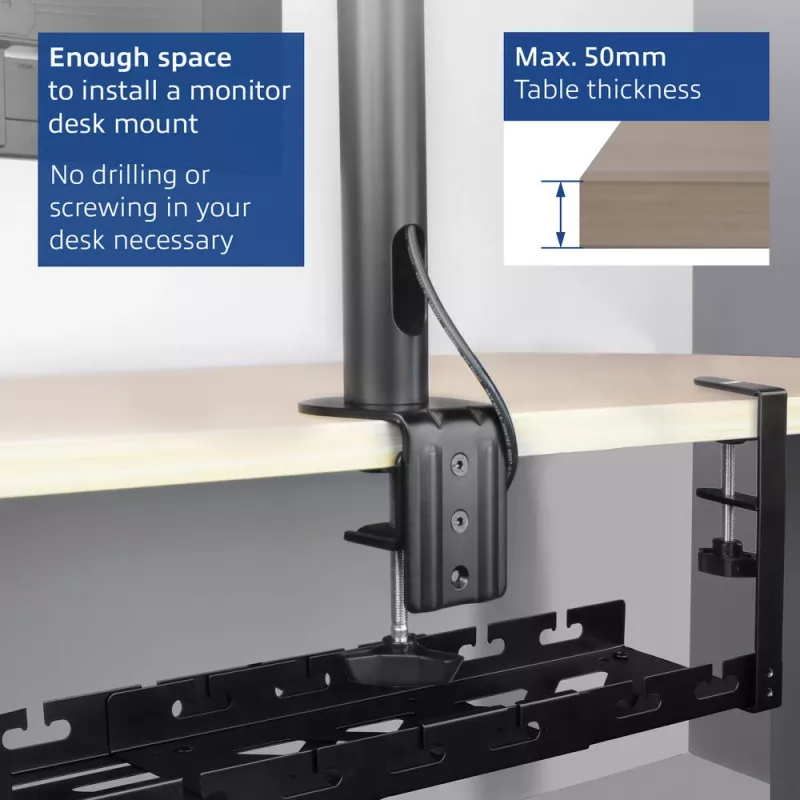 Under-desk extendable kabel management tray ACT 43–72 cm clamp mount, steel, 728×130×190 mm, 5 kg