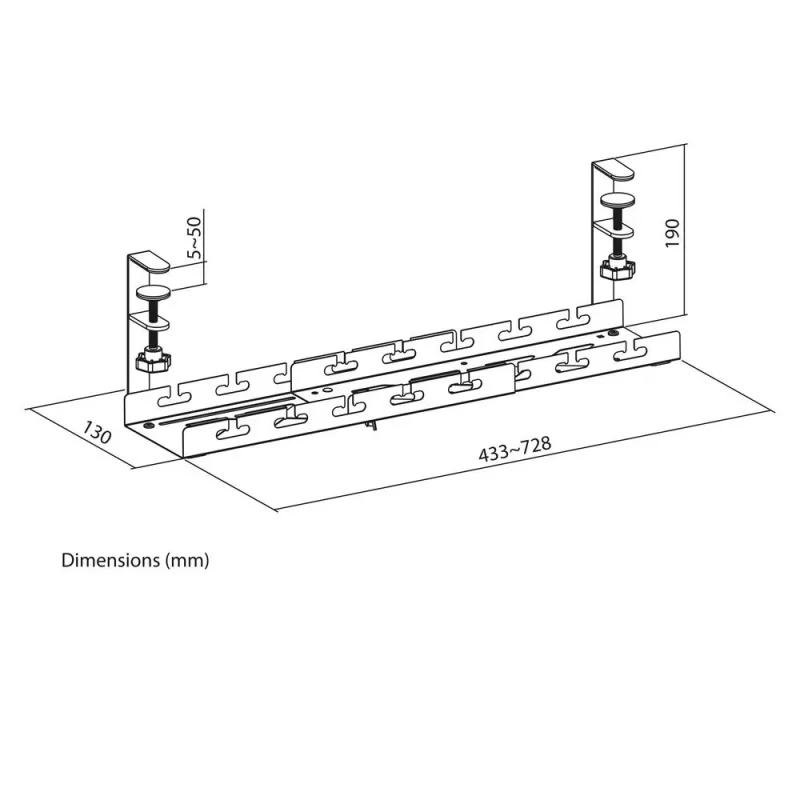 Under-desk extendable kabel management tray ACT 43–72 cm clamp mount, steel, 728×130×190 mm, 5 kg