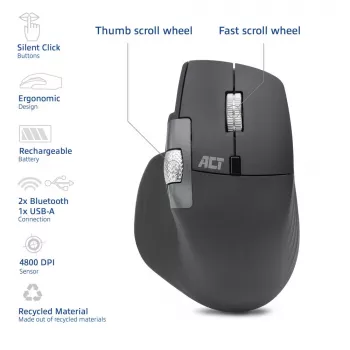 Mysz laserowa bezprzewodowa ACT AC5147 — praworęczna, RF + Bluetooth, 4800 DPI, 6 przycisków, szara