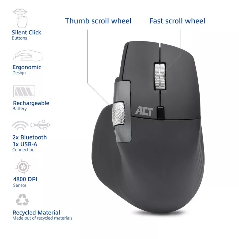 Mysz laserowa bezprzewodowa ACT AC5147 — praworęczna, RF + Bluetooth, 4800 DPI, 6 przycisków, szara