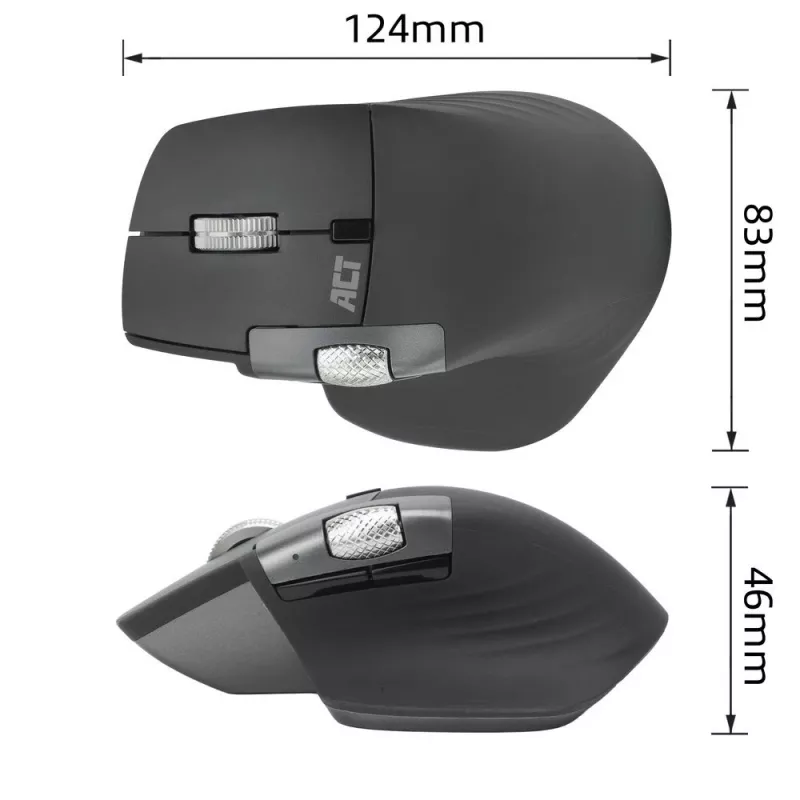 Mysz laserowa bezprzewodowa ACT AC5147 — praworęczna, RF + Bluetooth, 4800 DPI, 6 przycisków, szara