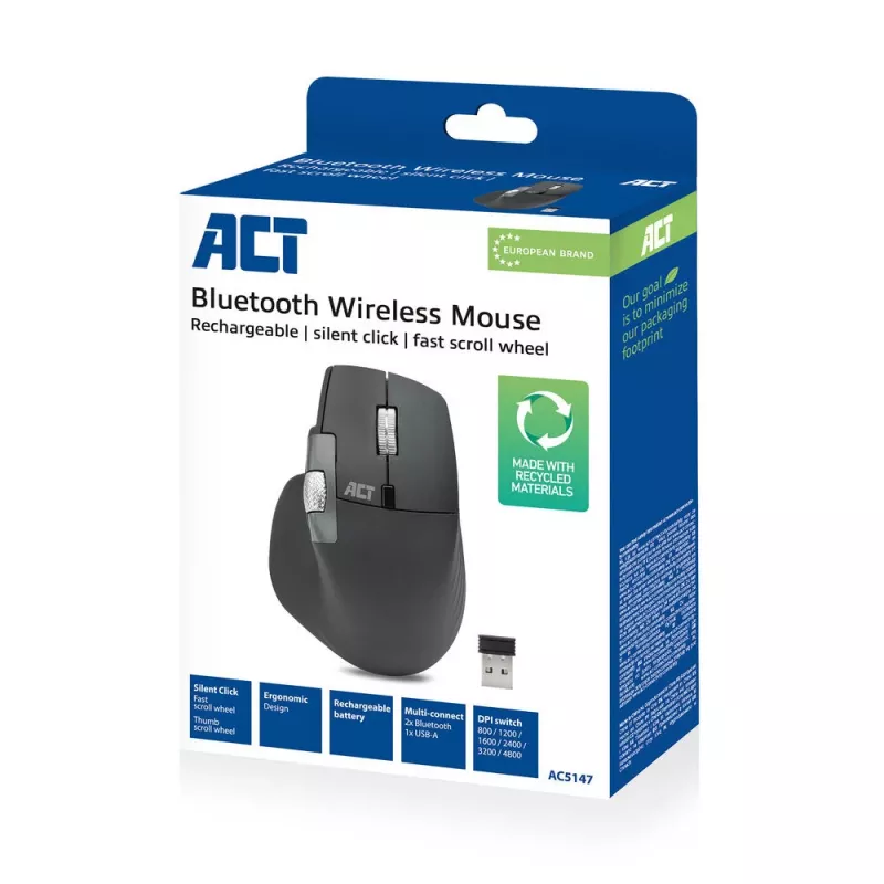 Mysz laserowa bezprzewodowa ACT AC5147 — praworęczna, RF + Bluetooth, 4800 DPI, 6 przycisków, szara
