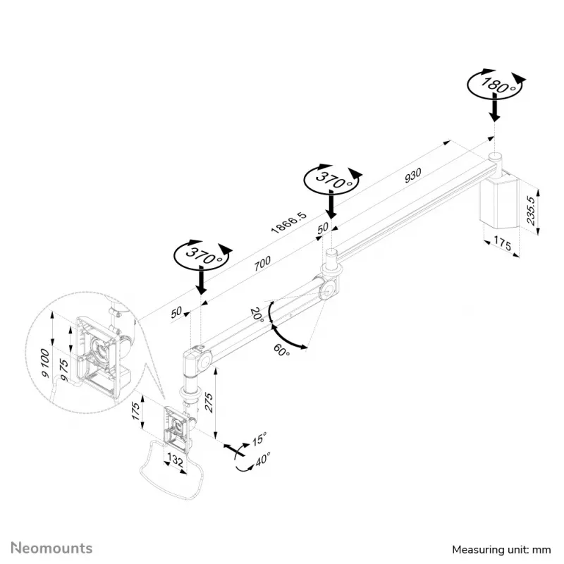 Neomounts FPMA-HAW100HC Medyczny uchwyt ścienny do monitora 10-32 cale - wys. 0-170 cm - sprężyna gazowa