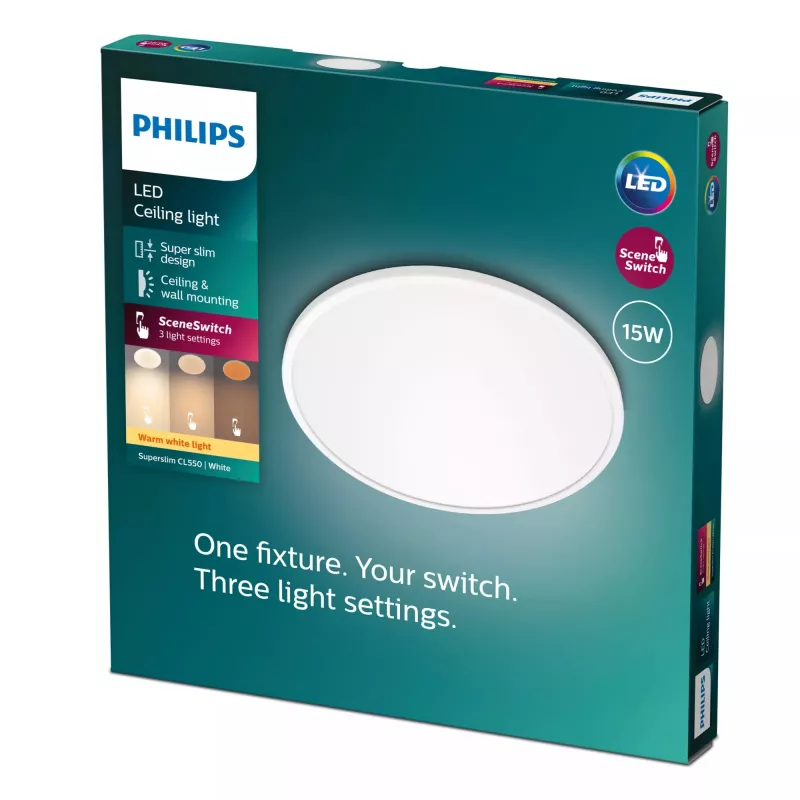Philips Functional Super cienki Lampka Sufitowa 15 W, LED, Niewymienne żarówki, 2700 K, 1300 lm, IP20, Biała