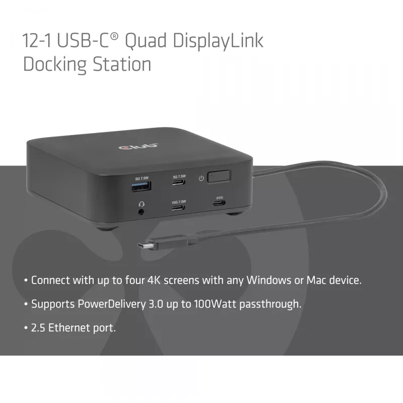 Stacja dokująca USB-C Quad DisplayLink CLUB 3D CSV-2542 — 2× DisplayPort 8K60Hz, 2× HDMI 4K60Hz, PD 100W, Ethernet 2.5G