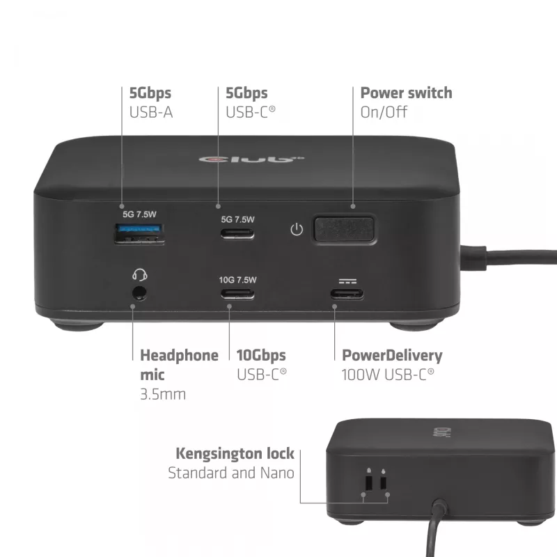 Stacja dokująca USB-C Quad DisplayLink CLUB 3D CSV-2542 — 2× DisplayPort 8K60Hz, 2× HDMI 4K60Hz, PD 100W, Ethernet 2.5G