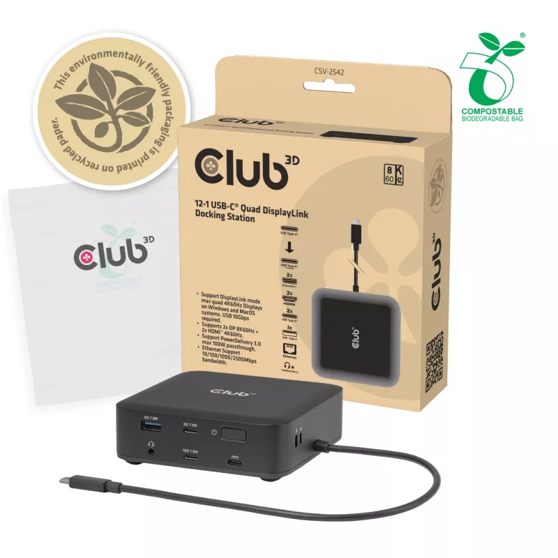 Stacja dokująca USB-C Quad DisplayLink CLUB 3D CSV-2542 — 2× DisplayPort 8K60Hz, 2× HDMI 4K60Hz, PD 100W, Ethernet 2.5G