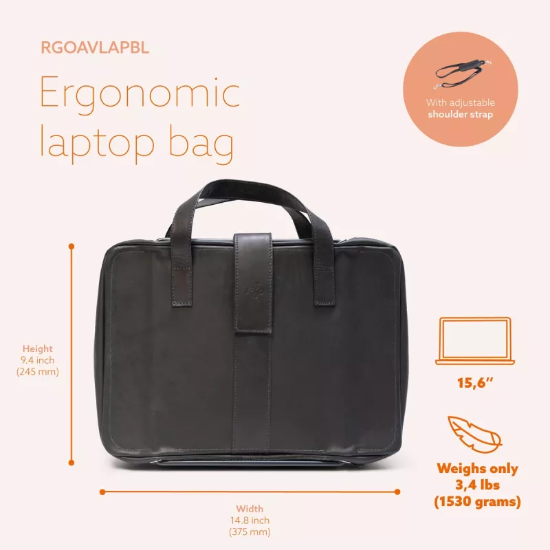 Torba na laptopa R-Go Viva, skóra licowa, z wbudowaną podstawką pod laptopa, paskiem na ramię, 15.6 cala, czarna