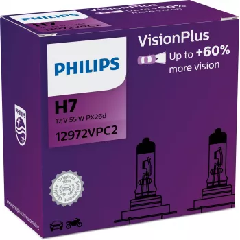 Philips VisionPlus 12972VPC2 Większe bezpieczeństwo i komfort, 55 W, 12 V, H7, halogenowe, 2 szt.