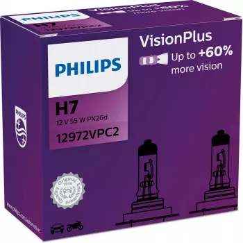 Philips VisionPlus 12972VPC2 Większe bezpieczeństwo i komfort, 55 W, 12 V, H7, halogenowe, 2 szt.
