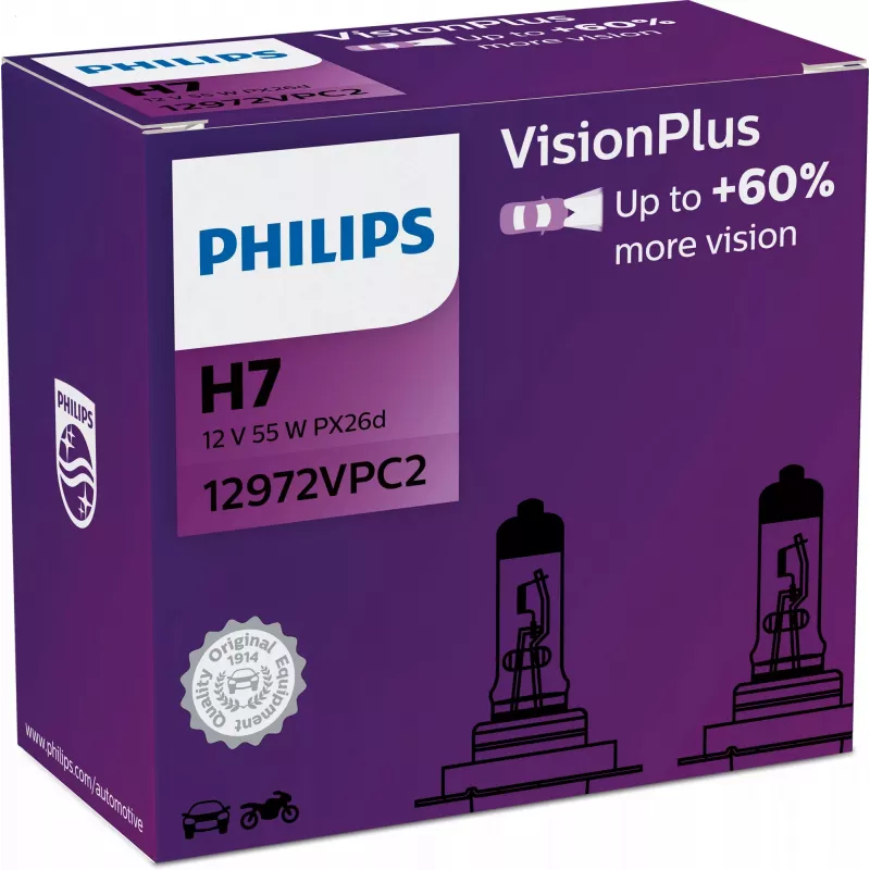 Philips VisionPlus 12972VPC2 Większe bezpieczeństwo i komfort, 55 W, 12 V, H7, halogenowe, 2 szt.