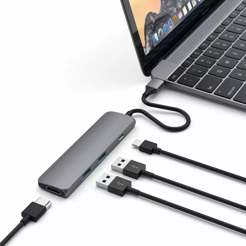 Satechi ST-CMAM laptop dock/port replicator USB 3.2 Gen 1 Type-C, HDMI, USB-A, USB-C, szary, aluminium