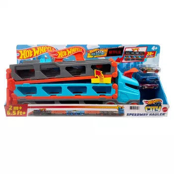 Hot Wheels City Speedway Hauler Carrier z 3 samochodzikami, Zestaw pojazdów, 4 lat/a, Plastik, Szary, Wielokolorowy