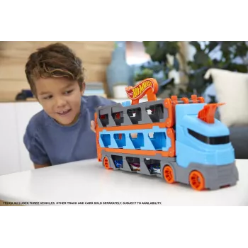 Hot Wheels City Speedway Hauler Carrier z 3 samochodzikami, Zestaw pojazdów, 4 lat/a, Plastik, Szary, Wielokolorowy