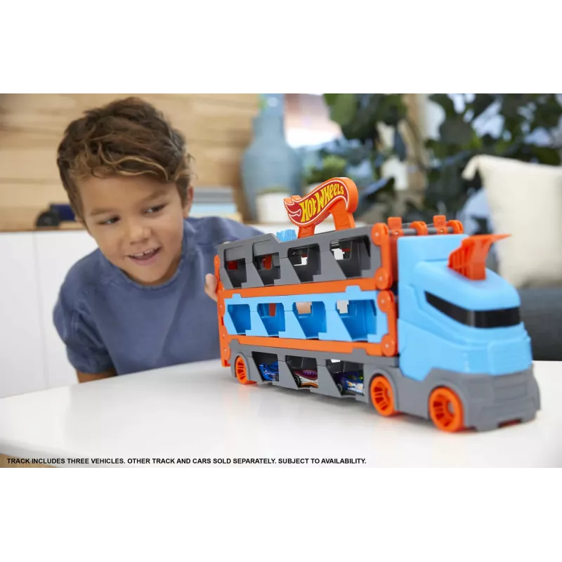 Hot Wheels City Speedway Hauler Carrier z 3 samochodzikami, Zestaw pojazdów, 4 lat/a, Plastik, Szary, Wielokolorowy