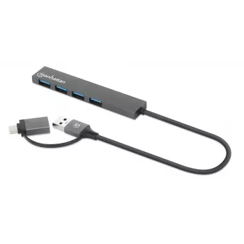 Manhattan USB-C i USB-A Combo Dock/Hub, Porty (4): USB-A (x4), 5 Gb/s (USB 3.2 Gen1, znany jako USB 3.0), zasilany przez USB (nie wymaga zewnętrznego zasilacza), kabel 25 cm