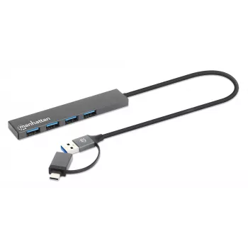 Manhattan USB-C i USB-A Combo Dock/Hub, Porty (4): USB-A (x4), 5 Gb/s (USB 3.2 Gen1, znany jako USB 3.0), zasilany przez USB (nie wymaga zewnętrznego zasilacza), kabel 25 cm