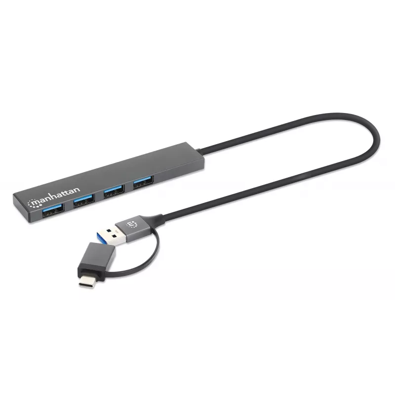 Manhattan USB-C i USB-A Combo Dock/Hub, Porty (4): USB-A (x4), 5 Gb/s (USB 3.2 Gen1, znany jako USB 3.0), zasilany przez USB (nie wymaga zewnętrznego zasilacza), kabel 25 cm