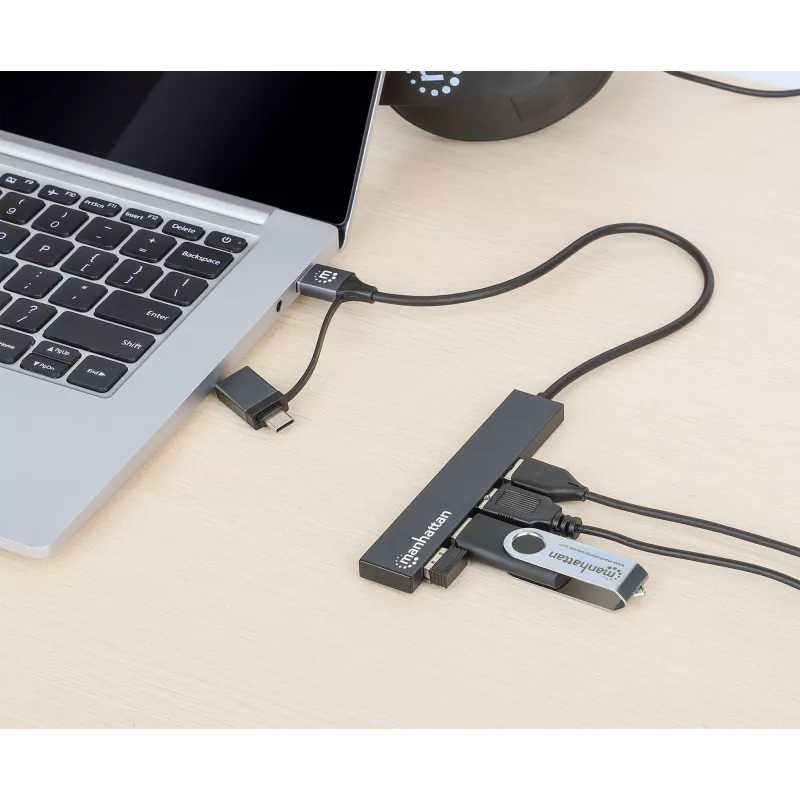 Manhattan USB-C i USB-A Combo Dock/Hub, Porty (4): USB-A (x4), 5 Gb/s (USB 3.2 Gen1, znany jako USB 3.0), zasilany przez USB (nie wymaga zewnętrznego zasilacza), kabel 25 cm