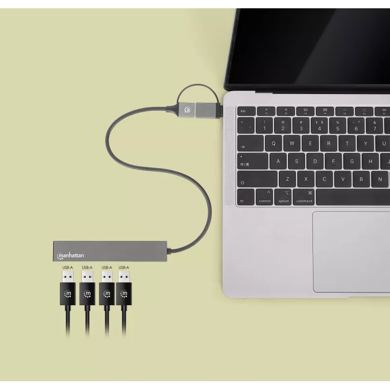 Manhattan USB-C i USB-A Combo Dock/Hub, Porty (4): USB-A (x4), 5 Gb/s (USB 3.2 Gen1, znany jako USB 3.0), zasilany przez USB (nie wymaga zewnętrznego zasilacza), kabel 25 cm
