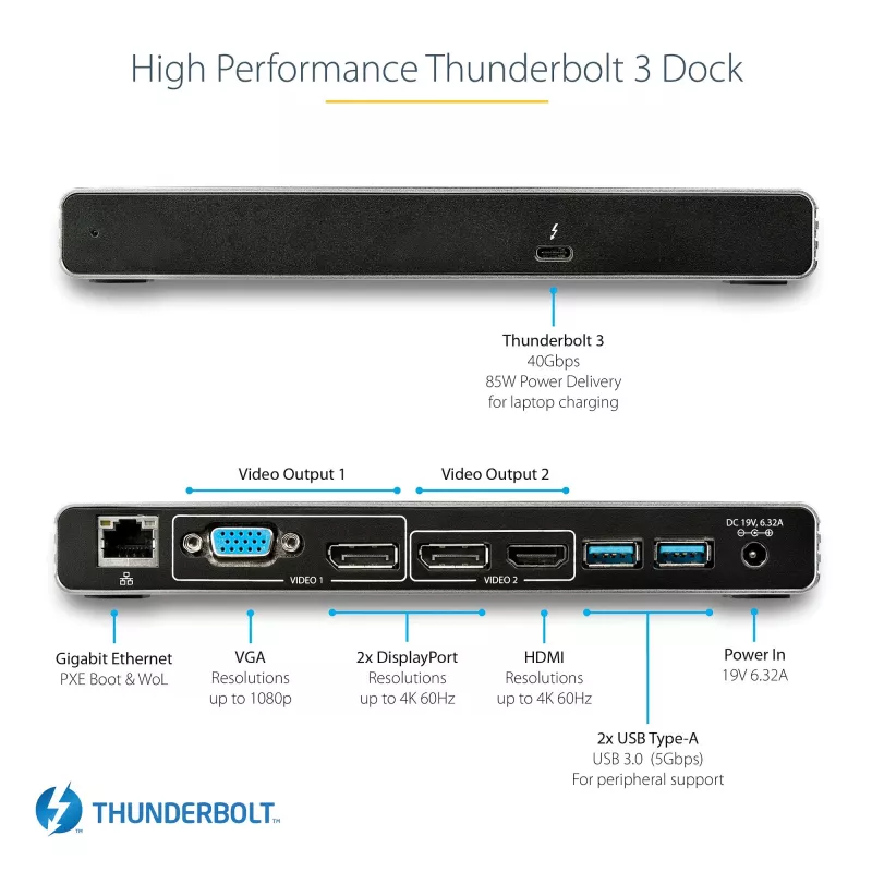 StarTech.com Stacja dokująca Thunderbolt 3 - Podwójny monitor 4K 60 Hz - Stacja dokująca do laptopa TB3 z DisplayPort, HDMI i VGA 1080p - Zasilanie i ładowanie 85 W - 2x USB-A, Ethernet - Mac i Windows