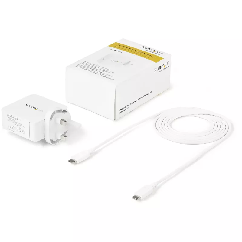 StarTech.com Ładowarka ścienna USB C - Ładowarka do laptopa USB C 60W PD - Kabel 1,8m/2m - Uniwersalny kompaktowy zasilacz typu C - Dell XPS/Lenovo X1 Carbon/HP EliteBook/MacBook - Certyfikat USB IF/CE