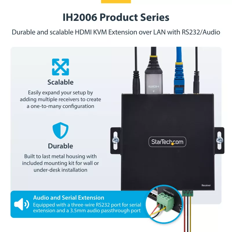 Odbiornik StarTech.com HDMI KVM przez sieć IP dla serii IH2006, 4K 60 Hz, bezsterownikowy, AVoIP, zawiera zestaw montażowy, tylko odbiornik