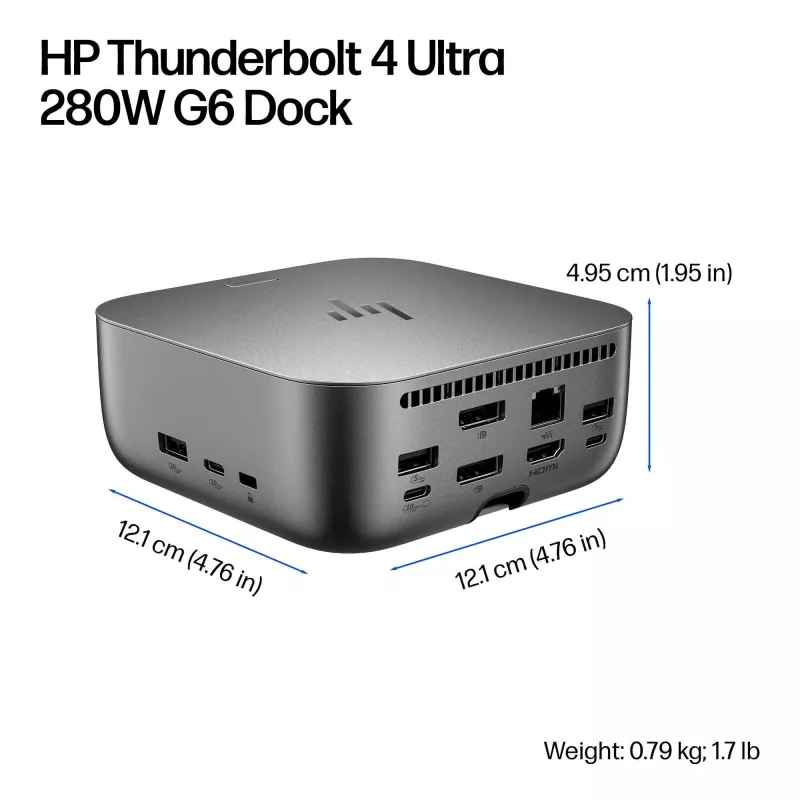 HP Thunderbolt 4 Ultra 280W G6 Dock, przewodowa, Thunderbolt 4, 280 W, 10,100,1000,2500 Mbit/s, szary, 8K Ultra HD