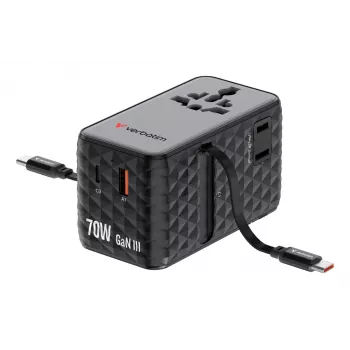 Verbatim Charge 'n' Travel 70W 2C chowany uniwersalny adapter podróżny, czarny