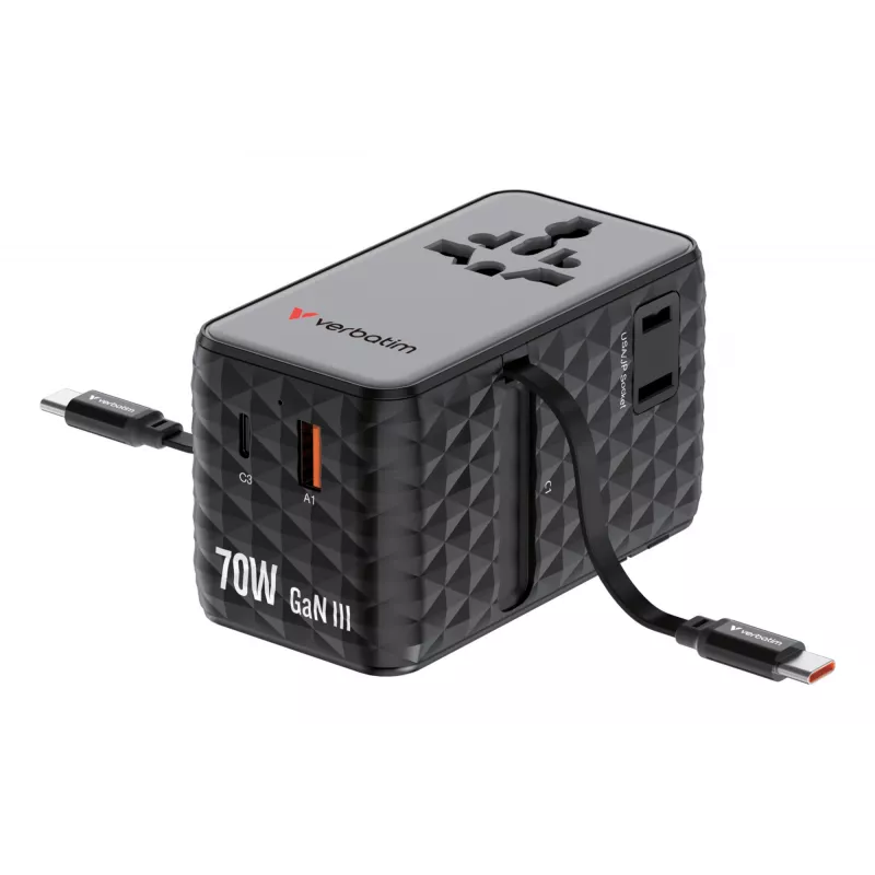 Verbatim Charge 'n' Travel 70W 2C chowany uniwersalny adapter podróżny, czarny