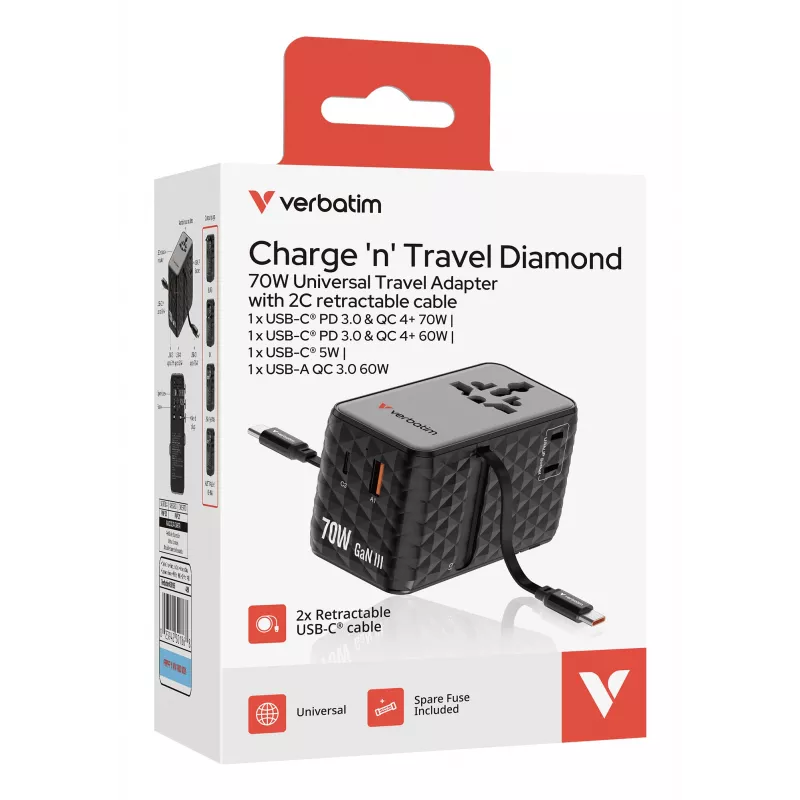 Verbatim Charge 'n' Travel 70W 2C chowany uniwersalny adapter podróżny, czarny