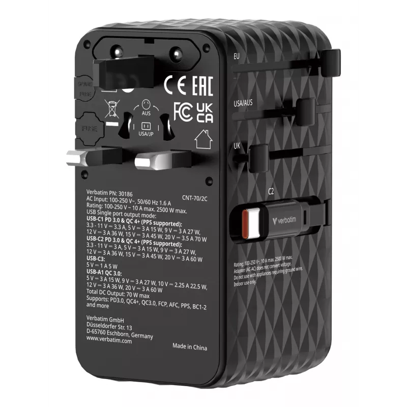 Verbatim Charge 'n' Travel 70W 2C chowany uniwersalny adapter podróżny, czarny